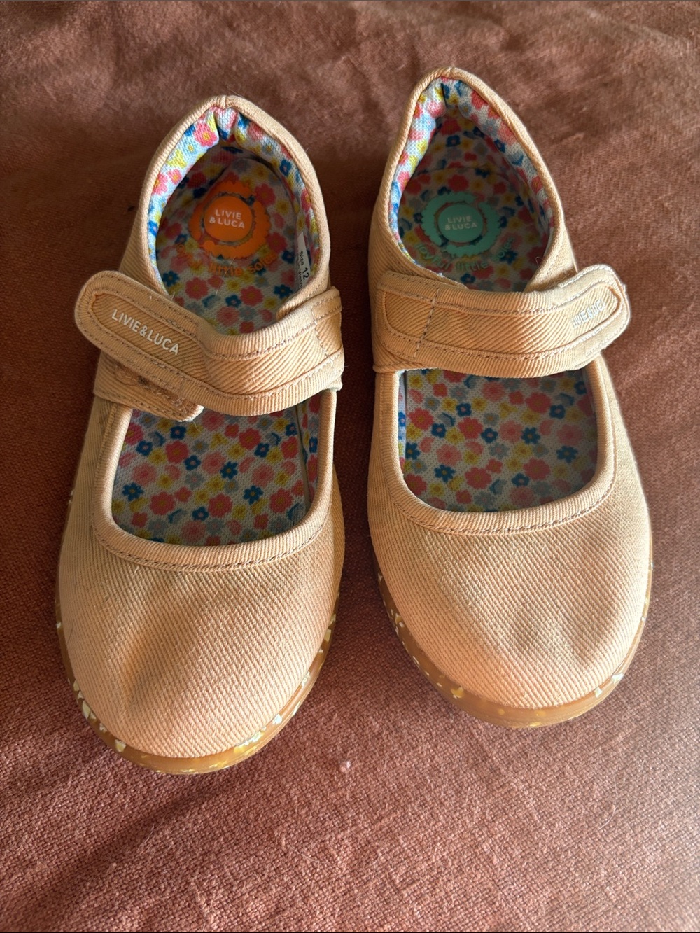 Livie & Luca Peach Canvas Mary Jane Shoes with Floral Insole
